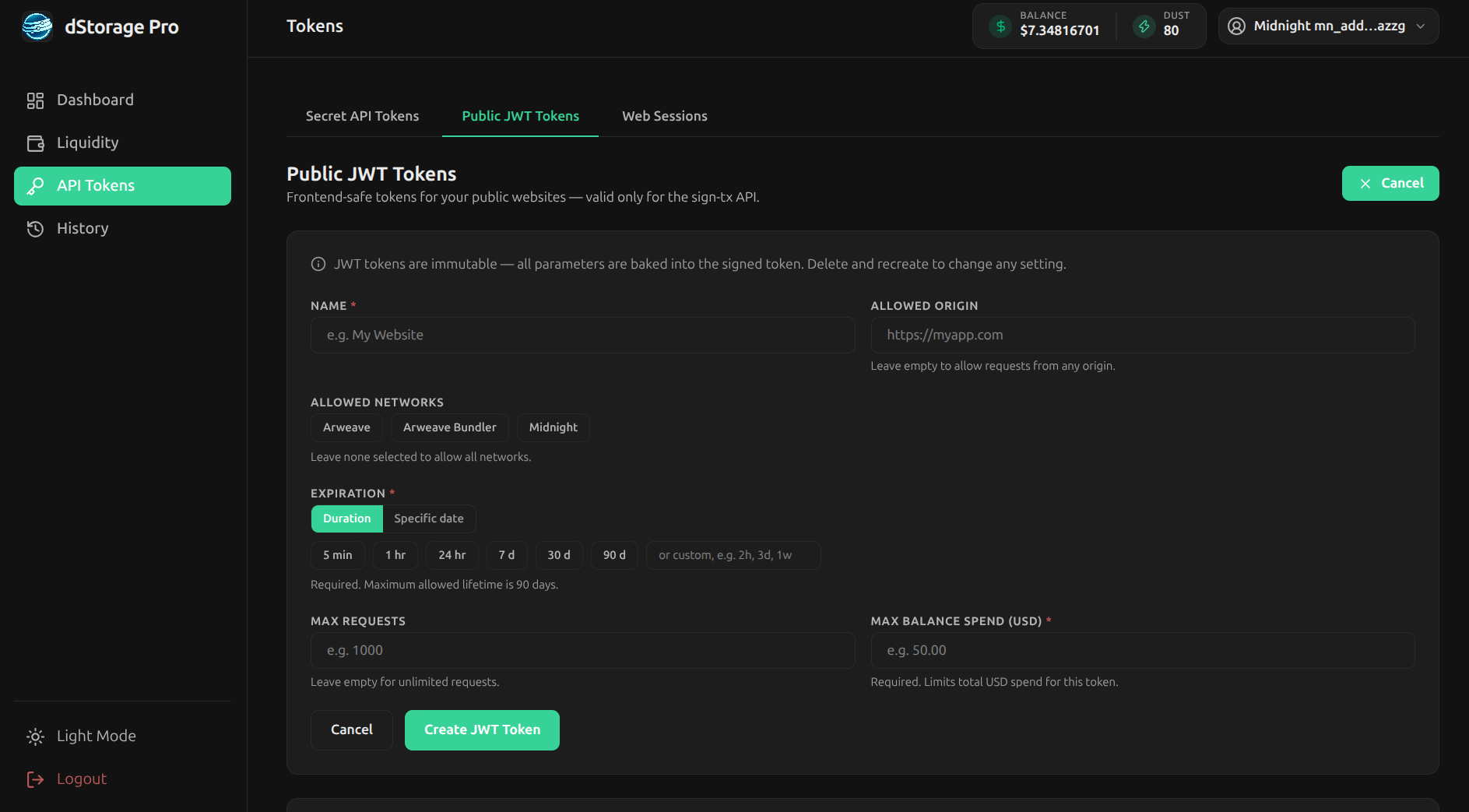 dStorage Pro API tokens page creating a public JWT token with allowed origin, networks, expiration and spend limit