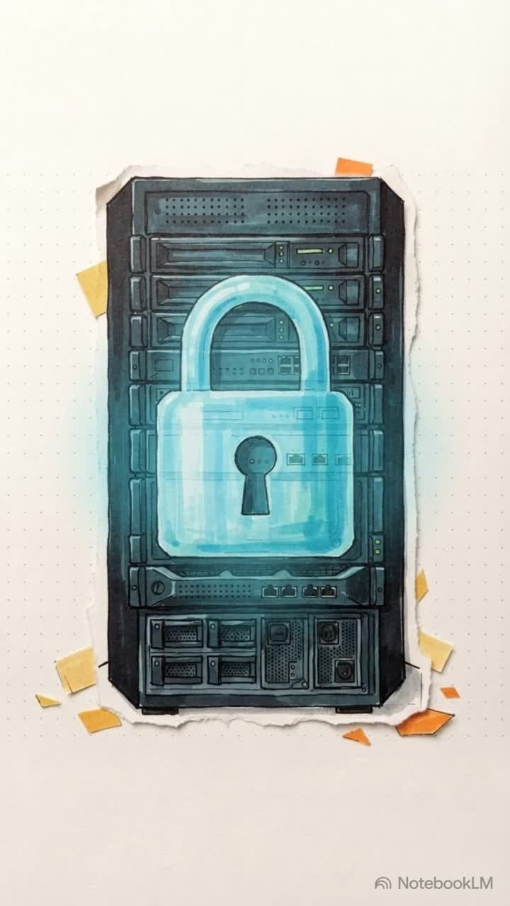 Illustration of a server rack with a glowing padlock