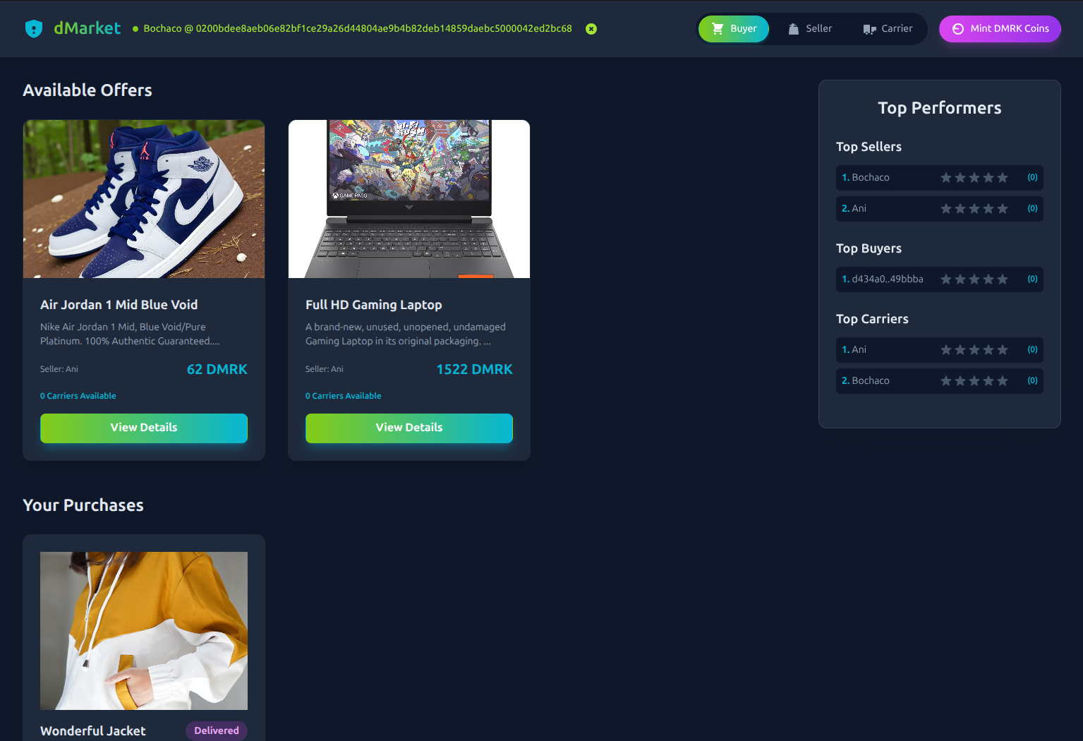 dMarket marketplace showing available offers, purchases and top sellers, buyers and carriers
