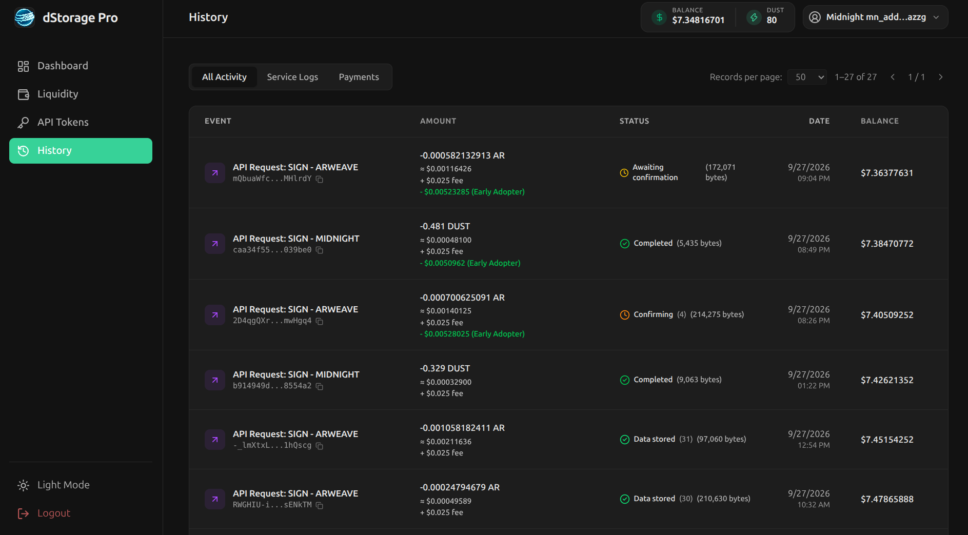 dStorage Pro history page listing signed Arweave and Midnight transactions with amounts, fees, status and balance