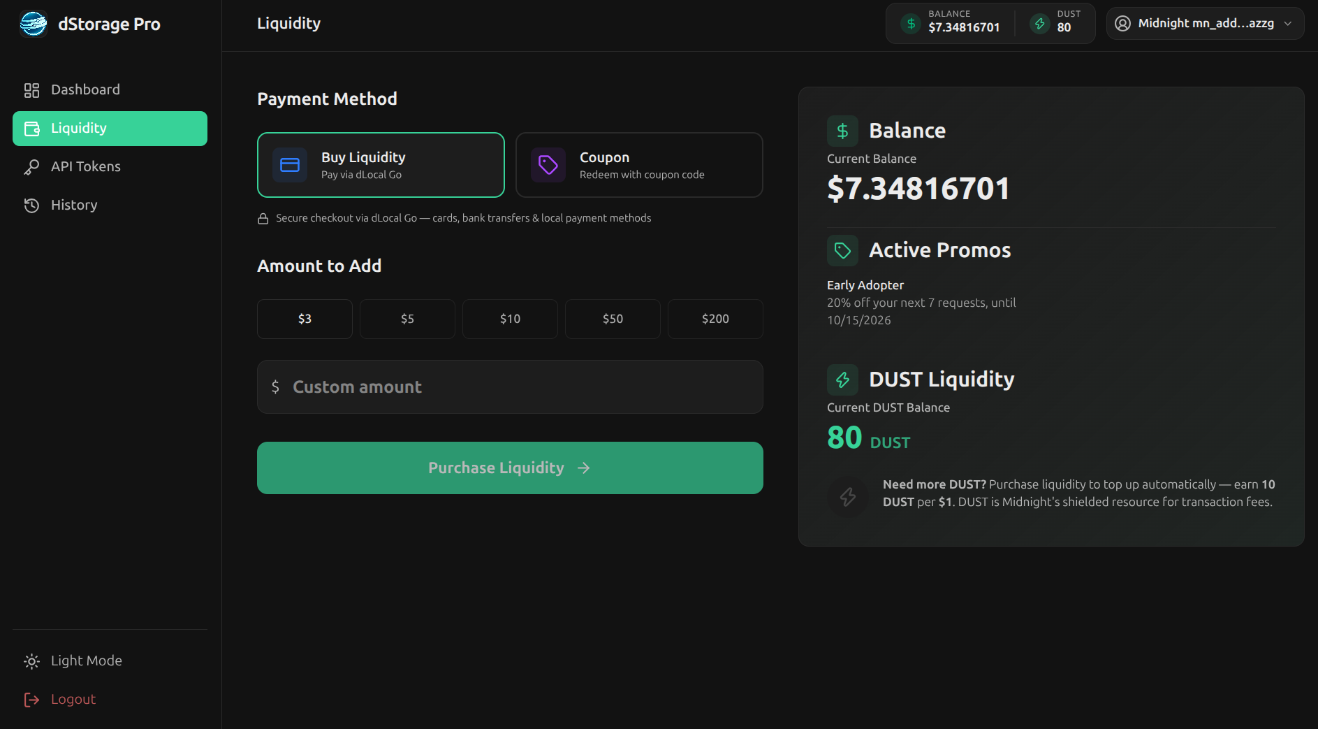 dStorage Pro liquidity page with payment method, top-up amounts, USD balance and DUST balance